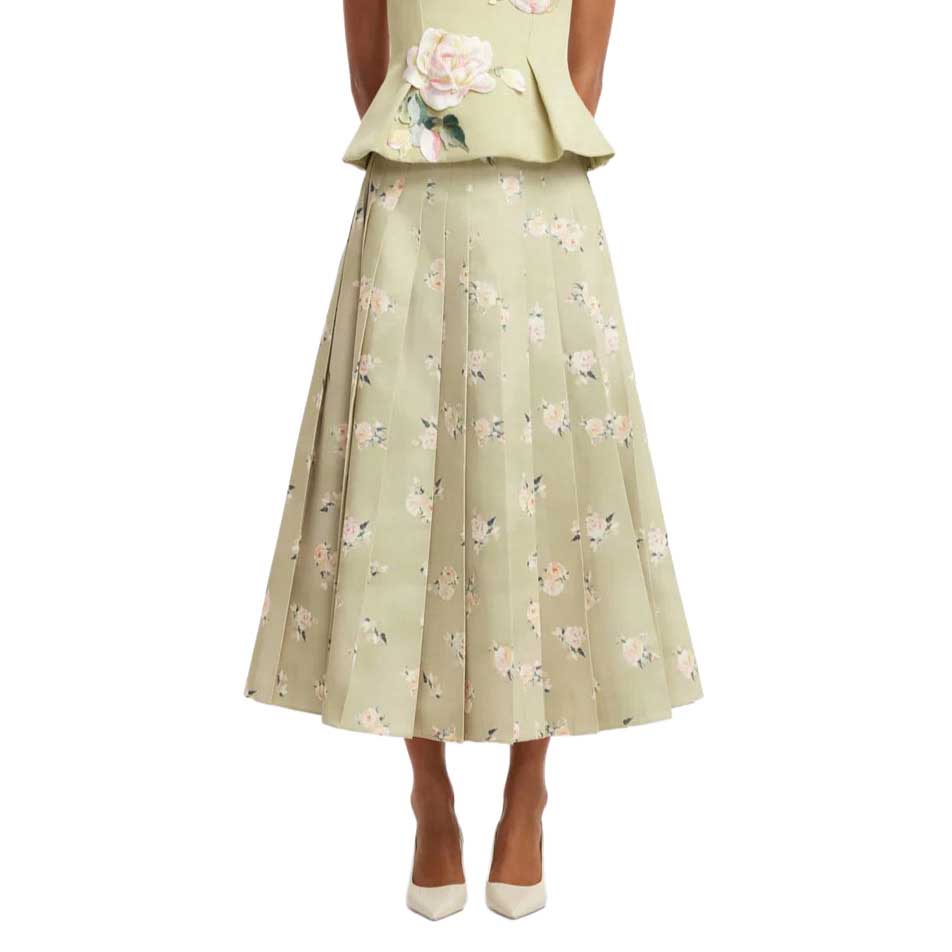 LEO LIN June Pleated Maxi Skirt - Pistachio Rose Print